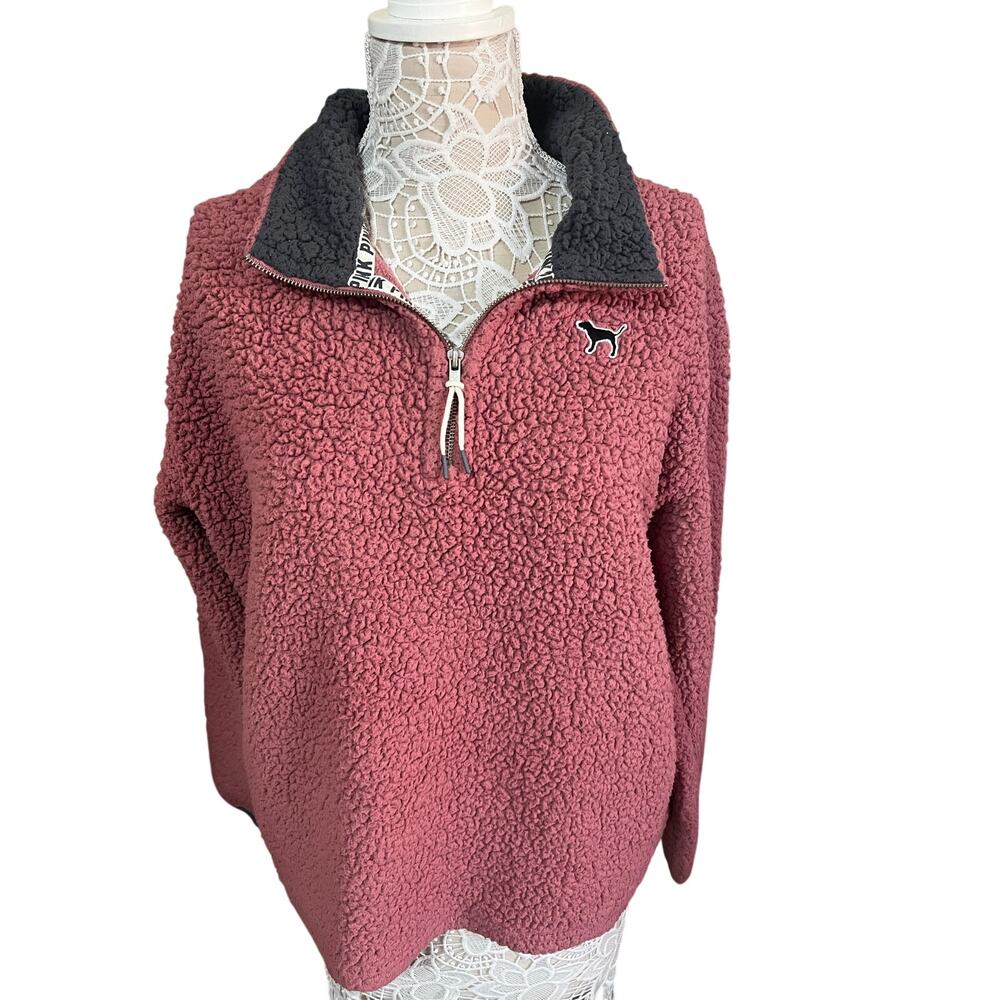 Pink Brand Women’s Quarter-Zip Fleece Pullover Large | Dark Grey Collar -Cozy